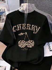 Tween Girls' Casual Leopard Print & Cherry Graphic Short Sleeve T-Shirt, Summer - Black - View 3