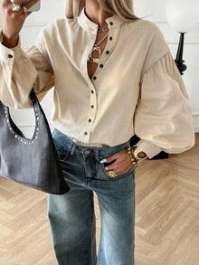 YI XUAN Plus Size Women's Linen Fabric Long Sleeve Shirt, Stand Collar Shirt, Women's Casual Shirt, School Uniform Shirt, Elegant Women's Shirt - Apricot - View 1