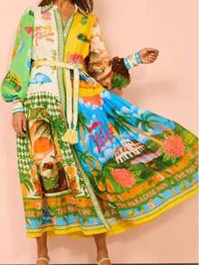 Vestido largo con cinturón y estampado de resort - Multicolor - Ver 2