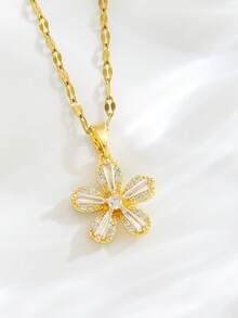 1pc Exquisite Sparkling Full Rhinestone 5-Petal Flower Pendant Necklace, Suitable For Girls To Attend Parties And Banquets, A Charming Jewelry Accessory For Everyday Wear, Also An Ideal Birthday Gift For Children - Gold - View 5