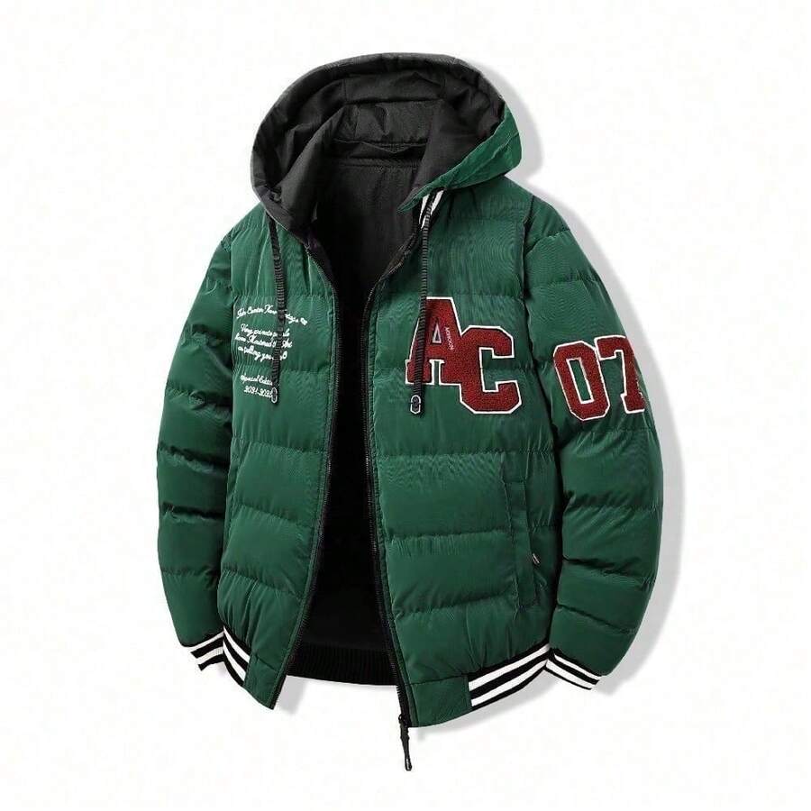 Abrigos de plumón para hombre, chaqueta reversible de doble cara, cálida, de invierno, con capucha desmontable, ajuste holgado, bordado, Color de contraste, traje con capucha acolchado de algodón para estudiantes para climas fríos - Verde - Ver 1