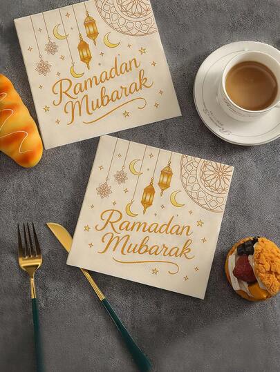 20pcs Ramadan Disposable Paper Napkins, Eid Party Table Decor, Golden Star Moon Lantern Charm Decorative Tissues For Holiday Gathering Party Table Decoration