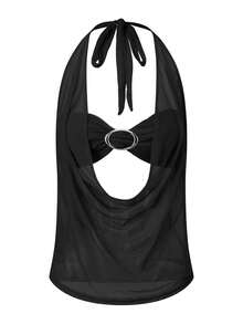 Women 2-Piece Set, Sleeveless Backless Halterneck Sheer Top With Bra For Club Party - 黑色 - 查看 2