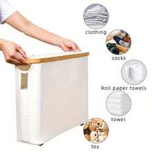 Large-Capacity Toilet Paper Dispenser With Lid | Foldable, Space-Saving Wooden Frame With Grey Fabric Trim, Essential For Modern Household Organization, Durable, No Assembly Required, Toilet Paper Storage Container - 米色 - 查看 9