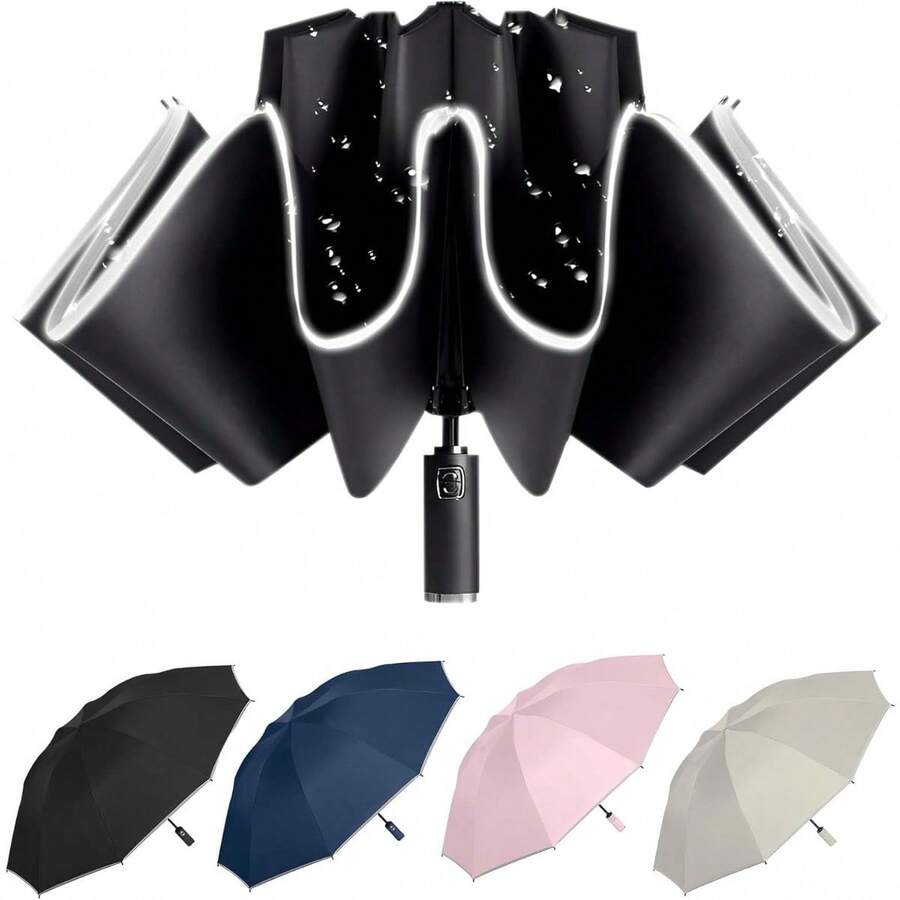 Sombrilla UV, Sombrilla de lluvia con protección UV y tiras reflectantes, Sombrilla, Apertura con un botón, Plegado inverso - Negro - Ver 1