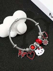 一套猫咪项链和手链套装 - 采用珐琅和水钻蝴蝶以及镂空心形吊坠设计，是送给女孩和青少年的可爱礼物 - 彩色 - 查看 11