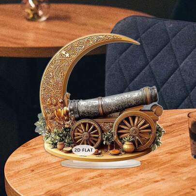 2D 平面优雅金色灯笼新月亚克力装饰品，饰以花卉点缀 - 可旋转设计，适合开斋节和斋月装饰，非常适合厨房、客厅、卧室 | 季节性家居装饰，开斋节装饰