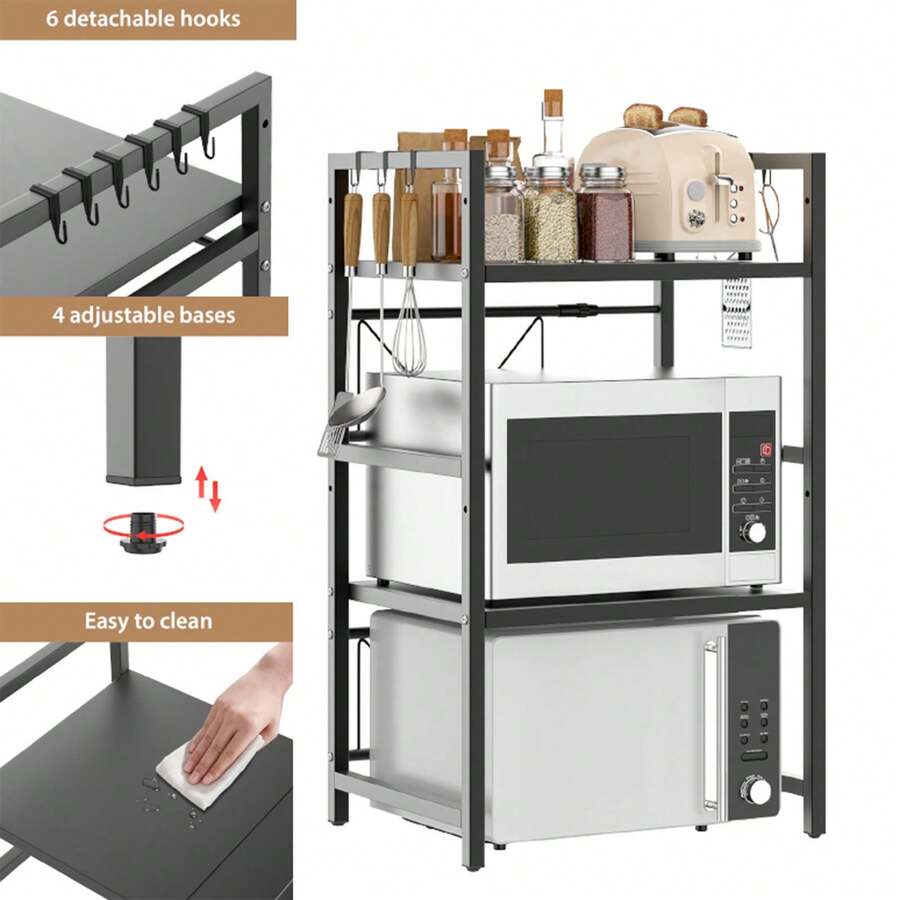 Royalswill Expandable Microwave Rack, Organiser, 2 Tier Microwave Rack Storage Rack Kitchen Corner Rack Desktop Printer Rack, Baker's Rack - สีดำ - ดู 1