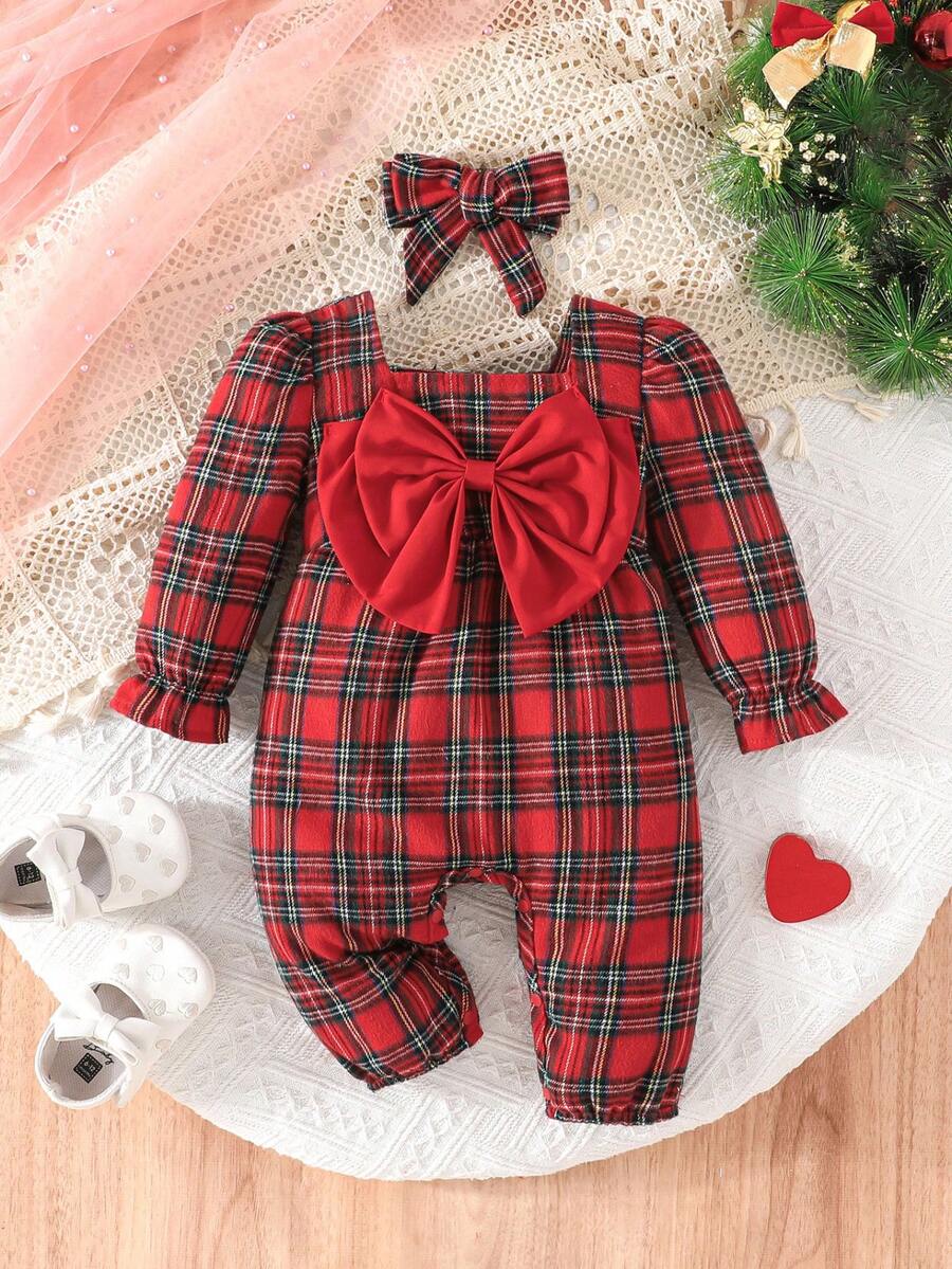 Baby Girl Cute Retro Chic Spring Autumn Thin Checkered Christmas Bow Decor Red Jumpsuit With Headband Set - Red - View 1