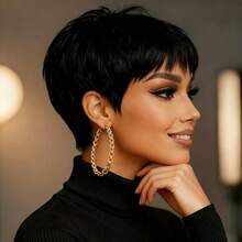 女士巴西 Remy 真人发假发 | 5 英寸自然短直发精灵头带刘海 - 180% 密度，无胶玫瑰网帽，无需维护，瞬间蓬松自然，敏感头皮友好，日常佩戴短发替代品。 - Natural Black - 查看 8