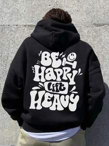 OBM TANG YUNSHU Men'S Oversized Hooded Sweatshirt - Heavyweight Gym & Streetwear Pullover With "BE HAPPY LIFT HEAVY" Back Print, Loose Fit Hoodie For Men & Women, Plus Size, Knit - 混合色 - 查看 2