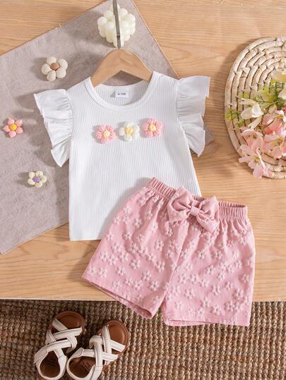 Baby Girls Cute Cap Sleeve Round Neck 3D Floral White Top & Pink Bow Casual Shorts Set, Spring/Summer