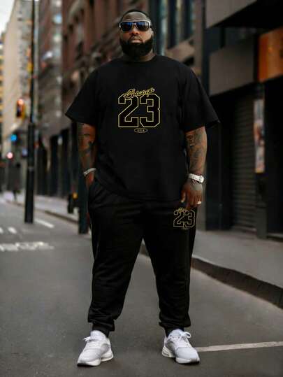 2件套加大码男士时尚运动23号图案休闲短袖T恤和裤子套装，适合街头、户外和日常穿着。