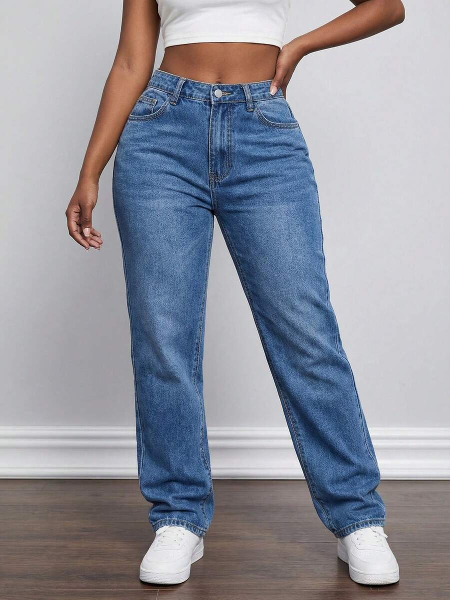 Jkorea Women's High Waisted Straight Leg Jeans - Medium Wash Classic Denim Pants Aesthetic Streetwear - 深色水洗藍 - 查看 1