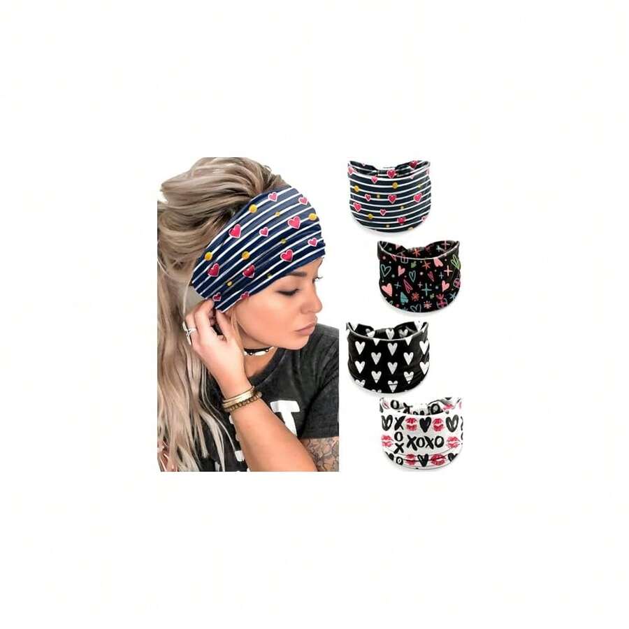 4 Pcs Valentine's Day Headbands For Women, Black White Wide Turban Dress Up Costume Breathable Stretchy Non Slip Head Wrap, Love Heart Pattern Holiday Fall Winter Hair Band For Yoga Running Party - Red - 查看 1