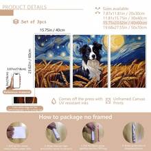Conjunto de 3 peças de mural de parede em tela com Border Collie em céu estrelado, pôster com estampa de cachorro em aquarela, adequado para decoração de casa, decoração de quarto, decoração de sala de estar, decoração de banheiro, decoração de parede, arte de parede opcional com moldura.