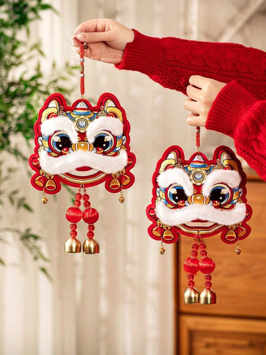 1 Pack, 2026 New Year Traditional Chinese Lion Dance Hanging Decoration - Festive Red And Golden Wall/Door Bell With Bell, Feather And Ribbon, Polyester Fiber, Ideal For Living Rooms And Celebrations, Lion Wall Decor, Home Must-Have Choice - View 1