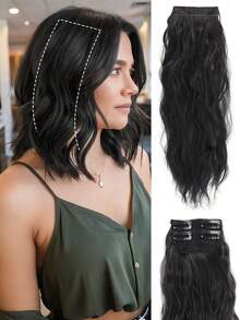 2 lọn tóc nối kẹp, dài 14 inch, kiểu sóng nước xoăn, phù hợp với tóc mỏng hoặc tóc ngắn, dễ dàng tăng độ dày, màu đen tự nhiên. - Nhiều màu - Xem 3