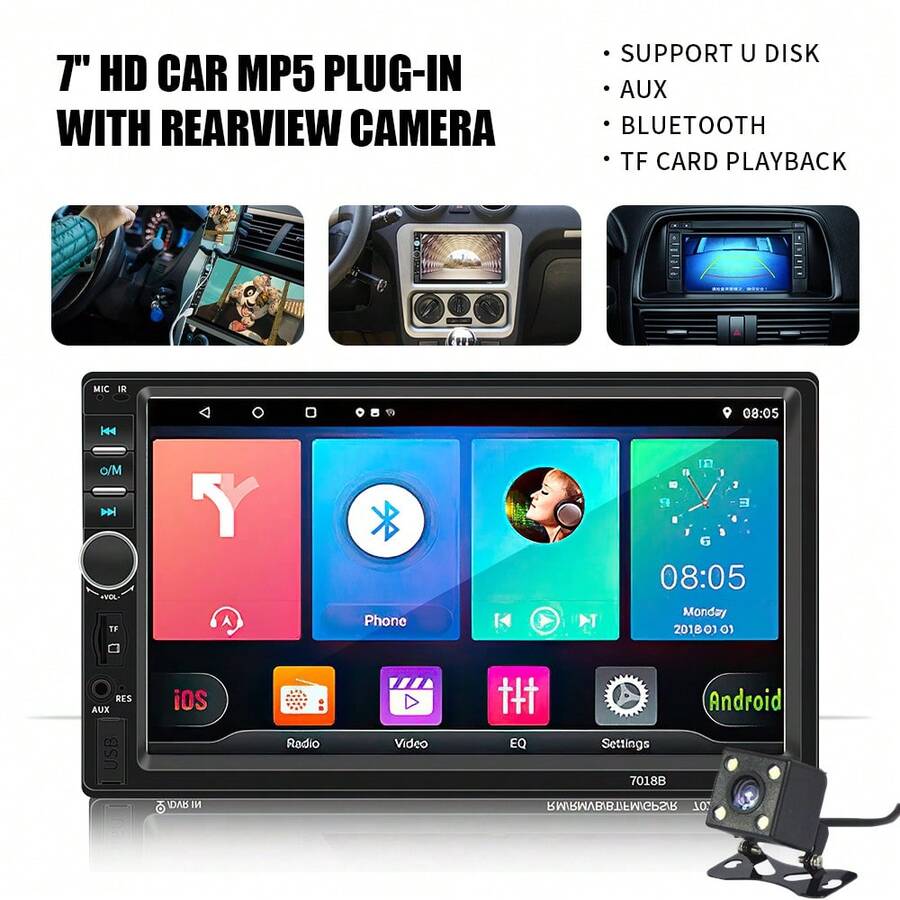7'' HD Car MP5 Card Player With Rear View Mirror Camera,Support U Disk/AUX/TF Card Playback,260,000-Color Screen,Reverse Assist, Includes 64GB Card,Suitable For Sedans, Pickups, SUVs, And Station Wagons (Black) - A - View 1