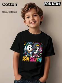 Spring New Arrival: Birthday Party T-Shirt For 6-7 Year Olds, Colorful '67' Print, Comfortable Round Neck Design - Perfect For Summer Events. Ideal As A Birthday Gift Or Everyday Wear, Combining Fun And Festive Elements With All-Day Comfort In  Style - Black - View 1
