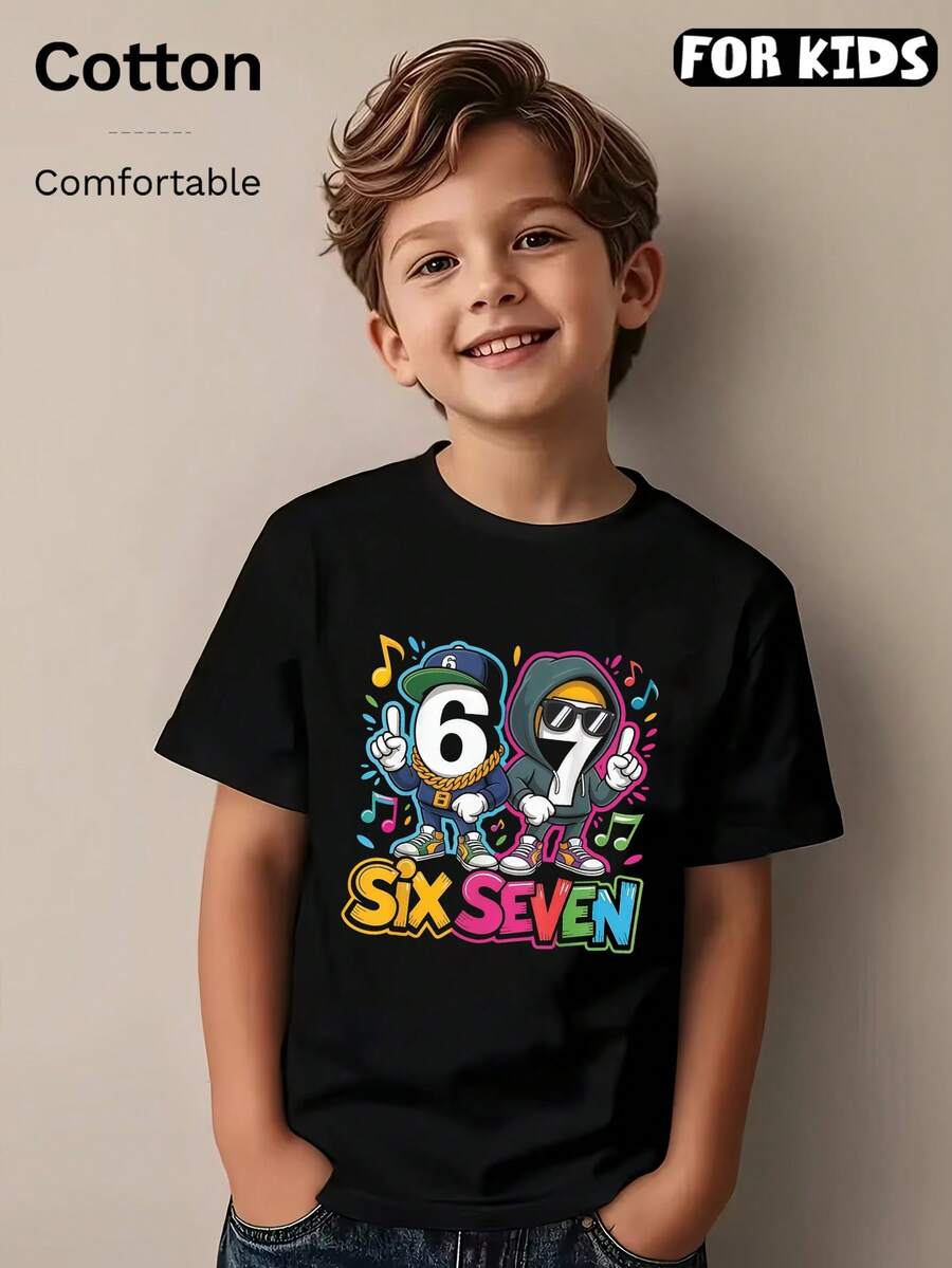 Spring New Arrival: Birthday Party T-Shirt For 6-7 Year Olds, Colorful '67' Print, Comfortable Round Neck Design - Perfect For Summer Events. Ideal As A Birthday Gift Or Everyday Wear, Combining Fun And Festive Elements With All-Day Comfort In  Style - Black - View 1