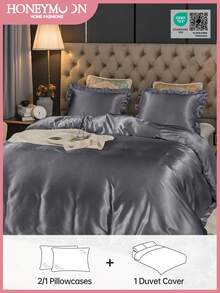2/3pcs Luxury Satin Ruffle Duvet Cover Set, Includes 1pc Duvet Cover And 1/2pcs Pillow Shams, Luxurious Silk-Like Material, Soft & Breathable, Fits Twin, Full, Queen, King Beds, Machine Washable, Oeko-Tex Certified - Dark Grey - View 2