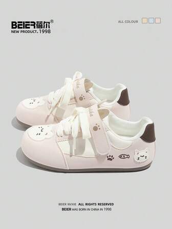  1 par BEIER kontrastfärgade preppy-stil konstläder snörning platta skor för kvinnor, lämpliga för vår- och höstkläder utomhus