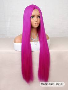 超长玫瑰红假发，无刘海，4x2 U型蕾丝前直发合成假发，适合角色扮演、万圣节派对等场合，均码，高温丝材质，适合日常佩戴、家庭聚会、节日、派对、情人节等场合。 - 玫紅色 - 查看 3