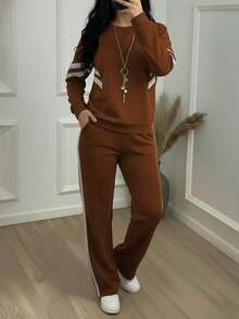 2pcs Women's Striped Print Long Sleeve Brown Top Jacket And Casual Straight Leg Pants Set, Elastic Fabric, Suitable For Spring Casual Wear - Brown - View 3