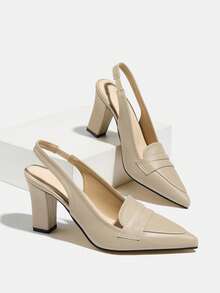 Women's Pointed Toe Chunky Heel Loafers With Backstrap, Commuting & Business High Heels - Apricot - View 6