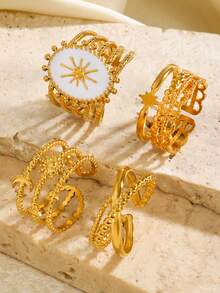 4pcs Elegant Stainless Steel 18K Gold Plated Fashionable Luxury Geometric Gold Star & Moon Line Oval Ring Set, Suitable For Women's Daily, Party, Gathering, Dinner, Date, Holiday Wear, High-End Feel Ring Set - Multicolor - View 5
