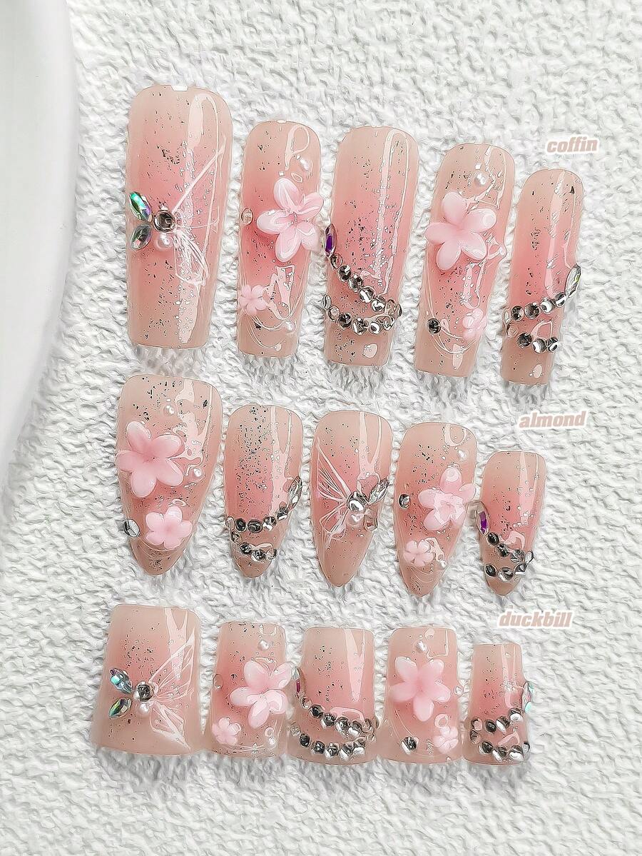 10件套甜美少女美甲套装，亚克力按压式美甲贴纸，DIY粉色不对称五瓣花美甲装饰，闪亮银色水钻链设计，白色蝴蝶翅膀轮廓美甲水晶，浅粉色闪粉设计，粉色指甲油，包含美甲工具 - 彩色 - 查看 1