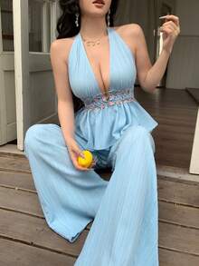 abyoxi 女士蓝色露背吊带深V领露背荷叶边下摆花朵刺绣收腰上衣搭配带口袋的阔腿裤两件套，性感甜美，休闲辣妹风，适合浪漫约会、日常出行、海滩度假，春夏上衣长裤套装。 - 淺藍色 - 查看 1