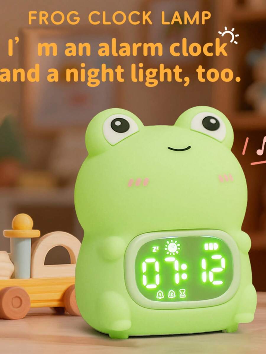 青蛙矽膠鬧鐘 -- 具備自動關閉與喚醒燈功能的鬧鐘，附夜燈的睡眠訓練器，6種鈴聲數位鬧鐘，適合房間使用