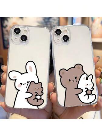 2 piezas Funda de teléfono de TPU con cobertura completa y diseño de pareja de oso de dibujos animados y conejo personalizada, compatible con iPhone/Galaxy/17/17Air/17Pro/17ProMax/16/16Pro/16Plus/15/15ProMax/15Pro/11/12/13/14ProMax/12Mini/13Mini/11Pro/11ProMax/12Pro/12ProMax/13Pro/13ProMax/14Pro/14ProMax, carcasa suave, diseño creativo de alta gama