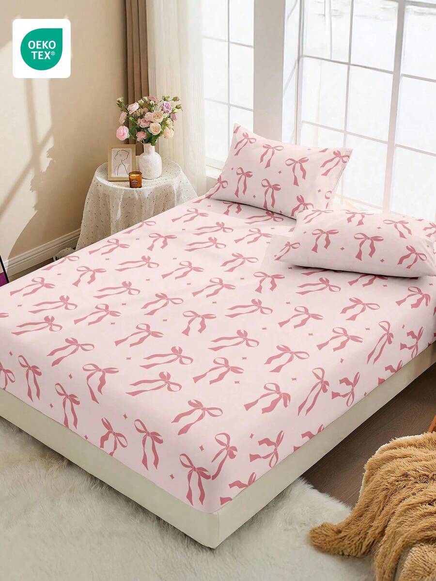 1 pieza Protector de colchón suave y cómodo, sábana ajustable, juego de ropa de cama, patrón de lazo, adecuado para camas individuales, dobles, queen, king, decoración del hogar, lavable, también se ajusta a sofás, regalo del Día de San Valentín