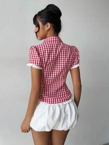 Women's Spring/Summer Red & White Plaid New Short Sleeve Pleated Front Button Lace Trim Shirt, Vacation Elegant Casual Commute Wear - Red - View 2
