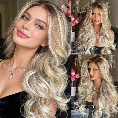 Vorgerupfte Haaransatz 13x4 Farbverlauf Aschblond Synthetische Spitzenperücke für Frauen Flauschige Körperwelle HD transparente Spitzenperücke Hochwertige Perücken