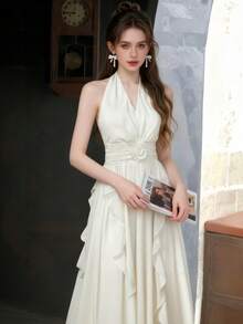 Women's Solid Color 3D Floral Decor Ruffle Trim Halter Backless Maxi Dress - Apricot - View 6