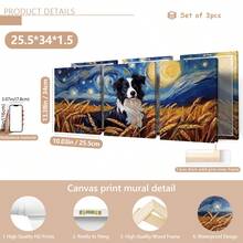 Conjunto de 3 peças de mural de parede em tela com Border Collie em céu estrelado, pôster com estampa de cachorro em aquarela, adequado para decoração de casa, decoração de quarto, decoração de sala de estar, decoração de banheiro, decoração de parede, arte de parede opcional com moldura.