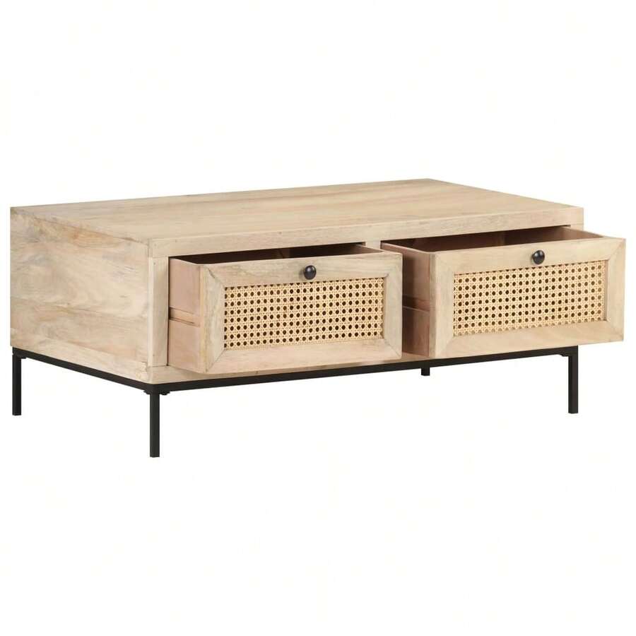 vidaXL Mesa baixa 90x50x37 cm Bois de manguier e canne naturelle - Castanho - Ver 1