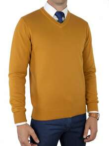 Men's Premium Knit Sweater With V-Neck - Camel - View 2