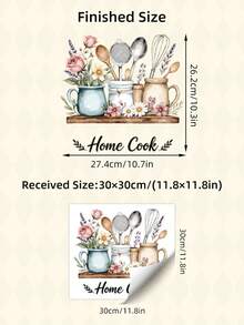 1件厨房用具墙贴，可撕贴乙烯基材质，厨房烹饪主题，先锋女性烹饪图案，花卉装饰，包含鲜花和厨房小工具，适用于餐厅、烘焙室等墙面装饰 - 彩色 - 查看 6