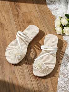planare Dép xăng đan nữ thời trang thường ngày, đế đan rơm, mũi tròn, hở mũi, quai ngang đính ngọc trai, kiểu dáng mùa hè, thoải mái, nhẹ nhàng, thích hợp mang trong nhà và ngoài trời, đi biển. - trắng - Xem 6