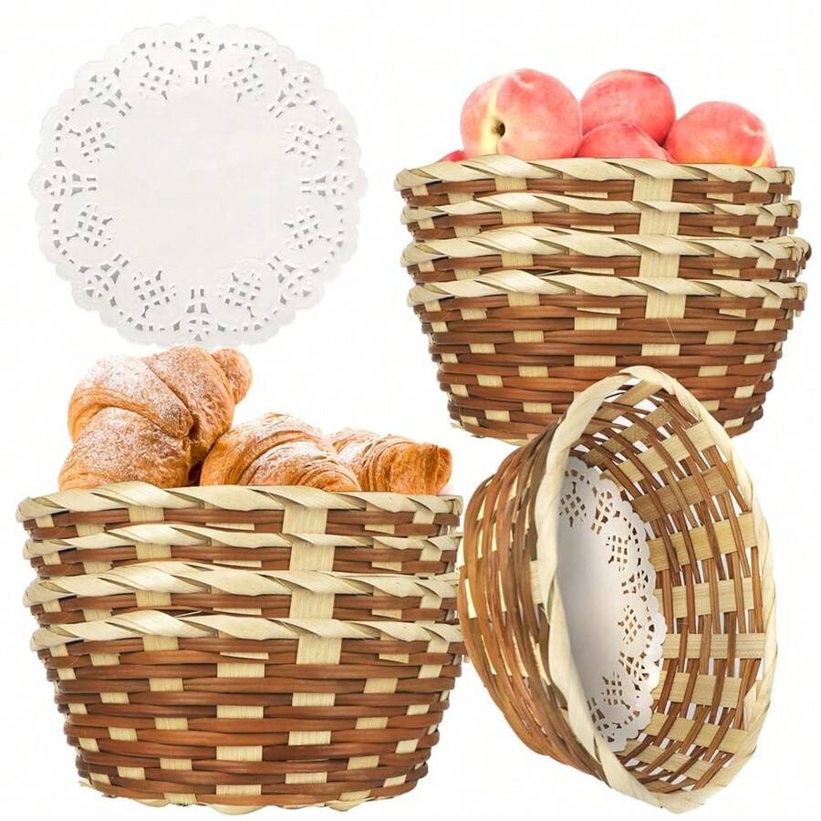 12 Pcs Round Small Bamboo Bread Basket, 7x7x2.45 Inch Woven Fruit Basket Gift Baskets For Serving, Food Serving Baskets For Picnic Restaurant (Give Food Blotting Sheets) - 12個圓形竹片 - 查看 1