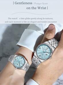 POEDAGAR 2pcs Fashionable Stainless Steel Waterproof Luminous Couples Watches, Luxury Casual Dual Calendar Quartz Watch For Men And Women, Elegant Couple Watch Set - Blue - View 9