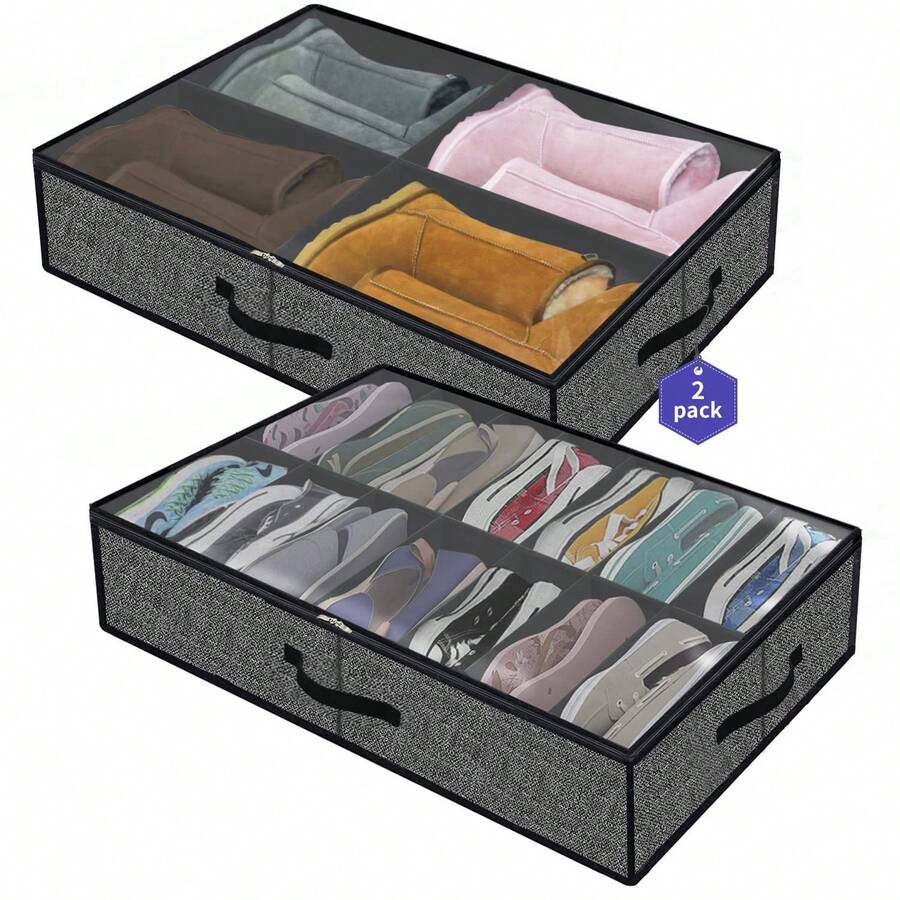 2 Pack Sturdy Under Bed Shoe Storage Organizers, Fit Total 24 Pairs, Large Underbed Closet Shoes Box Container Bag With Clear Cover, Breathable, 29.3x23.6x5.9 Inches(Except For Men's Sports Shoes) - Màu đen (12+4 ô vuông) - Xem 1