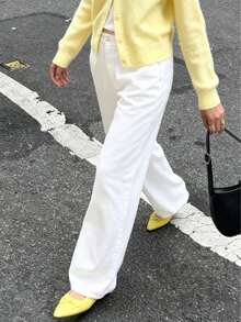 Simple And Casual Basic Women's Denim Straight-Through Trousers, Elastic Slim Loose Four-Season Wild Jeans, Boyfriend Style Mid-Waist Light Blue Jeans - 白色 - 查看 2