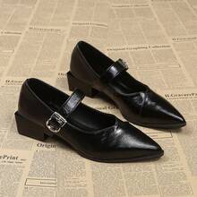 Giày Mary Jane mũi nhọn màu đen gót trung bình kiểu Pháp thanh lịch mùa xuân 2026, giày da nhỏ gót chunky tối giản đa năng, giày cao gót một quai kiểu Anh. - màu đen - Xem 3