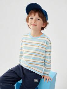 Balabala 2026 Young Boy Striped Long Sleeve T-Shirt, Pure Cotton Spring Top - Blue Tint - View 4